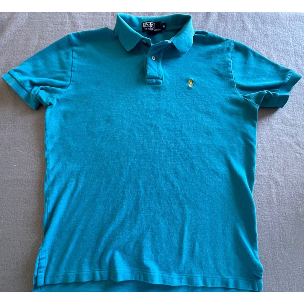 Polo by Ralph Lauren Mens Pique Polo Shirt Turquoise Blue Yellow Pony Size M‎